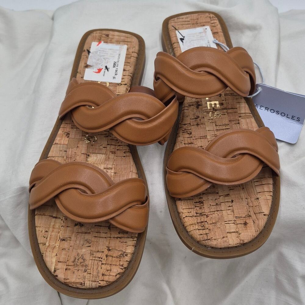 NEW Aerosoles Colette slide sandals slip-on tan faux leather women's SIZE 7.5